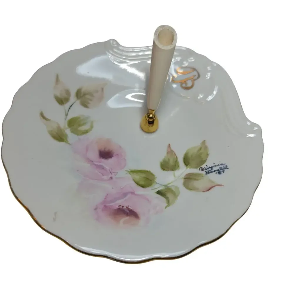 Vintage Pen Holder Desk Handpainted Porcelain Artist Signed Virginia B 1987 Gold